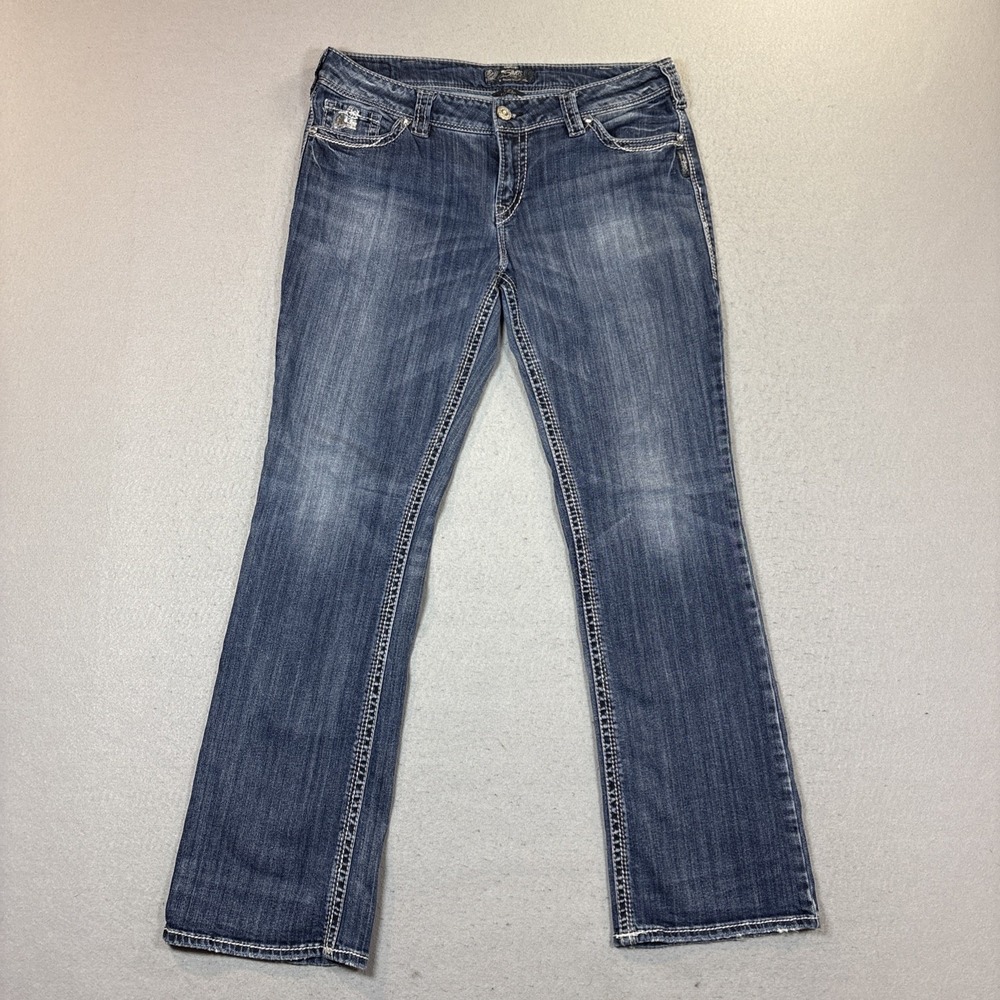 Silver Jeans Co Suki Flap 17" Denim Blue Jeans 34/33 Embroidered Sequins - Picture 2 of 12